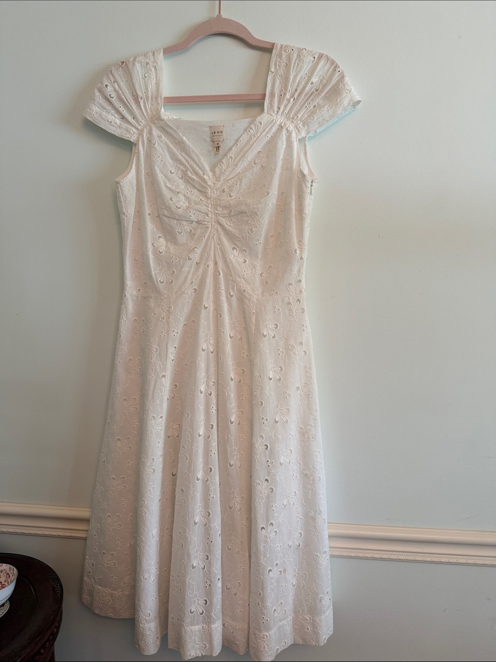 Rebecca Taylor White Eyelet Midi Dress with Ruched V-Neck